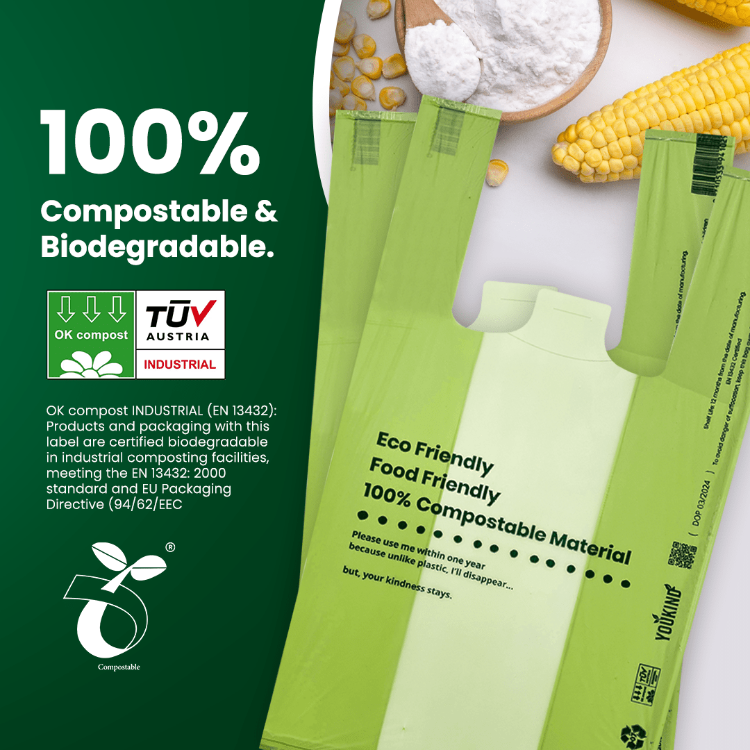 100% Compostable Carrier Bags with Handle - Versatile for Grocery, Food Take - aways, and Household Use - YouKind