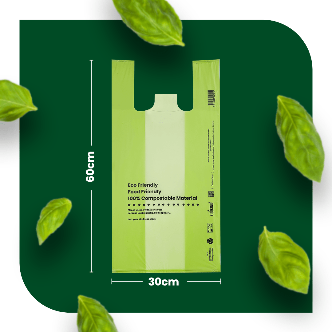 100% Compostable Carrier Bags with Handle - Versatile for Grocery, Food Take - aways, and Household Use - YouKind