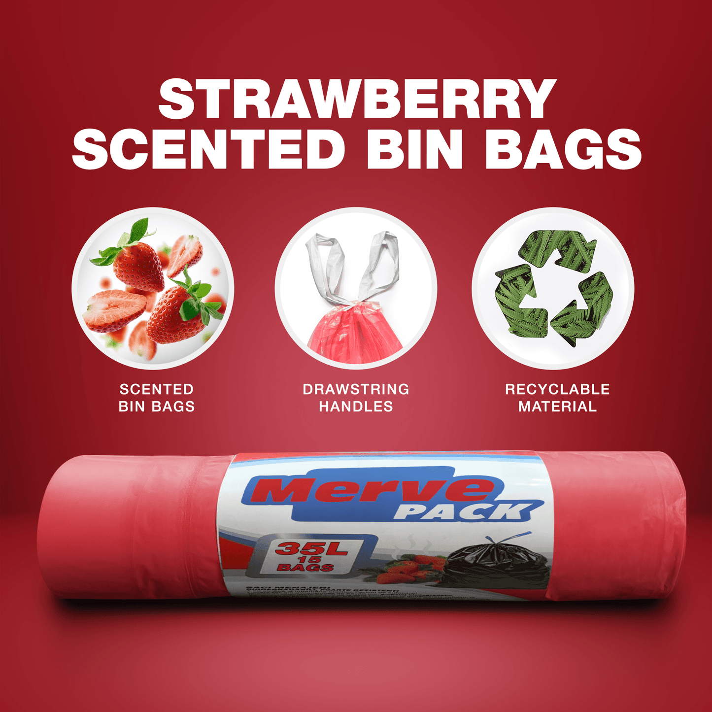 35L (15 Bags per roll) - Strawberry Scented Bin Bags with Drawsting - YouKind