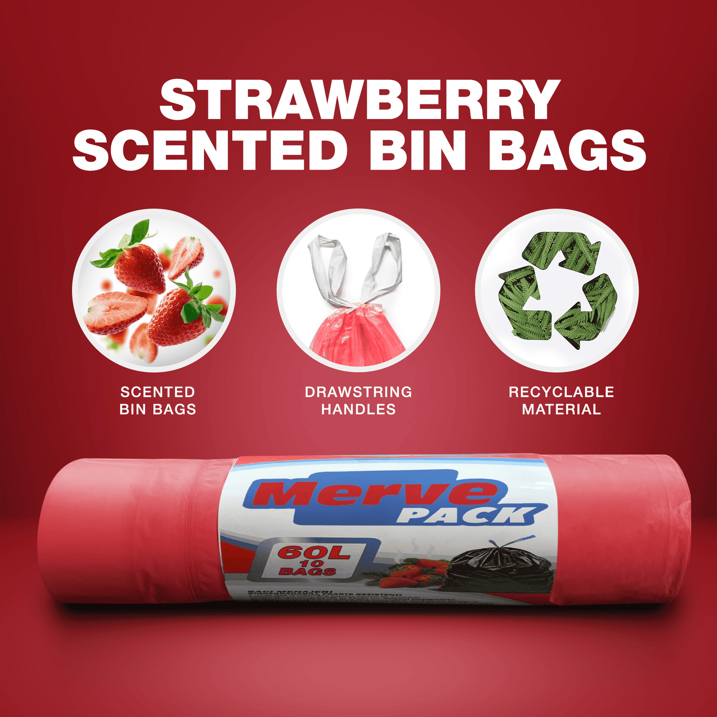 60L (250 Bags) - Strawberry Scented Bin Bags with Drawsting - YouKind