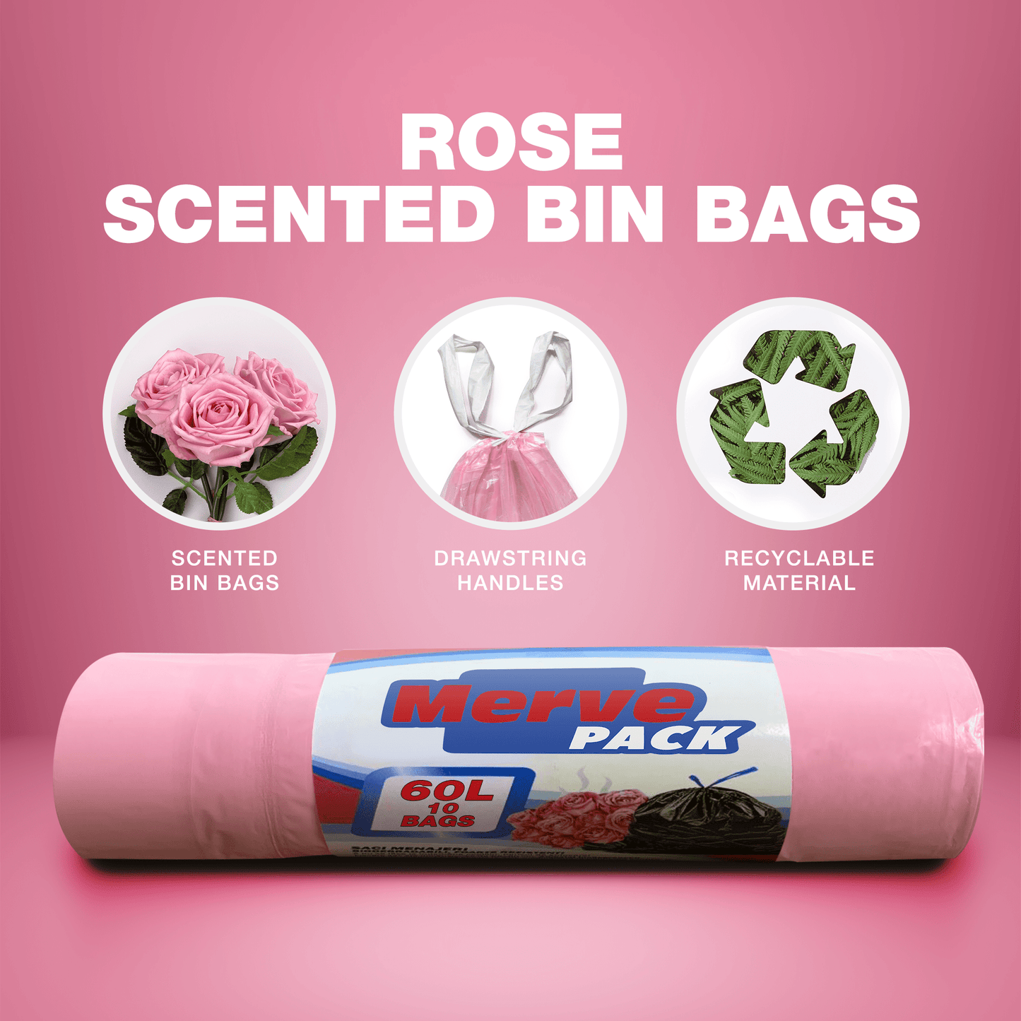 60L (10 Bags per roll) - Rose Scented Bin Bags with Drawsting - YouKind