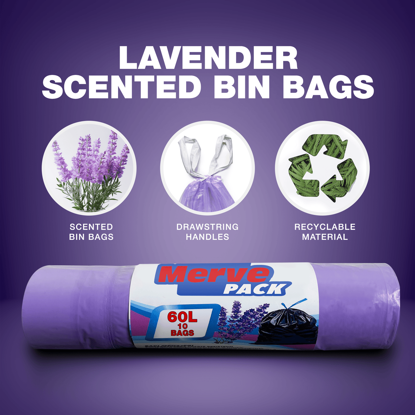 60L (10 Bags per roll) - Lavender Scented Bin Bags with Drawsting - YouKind