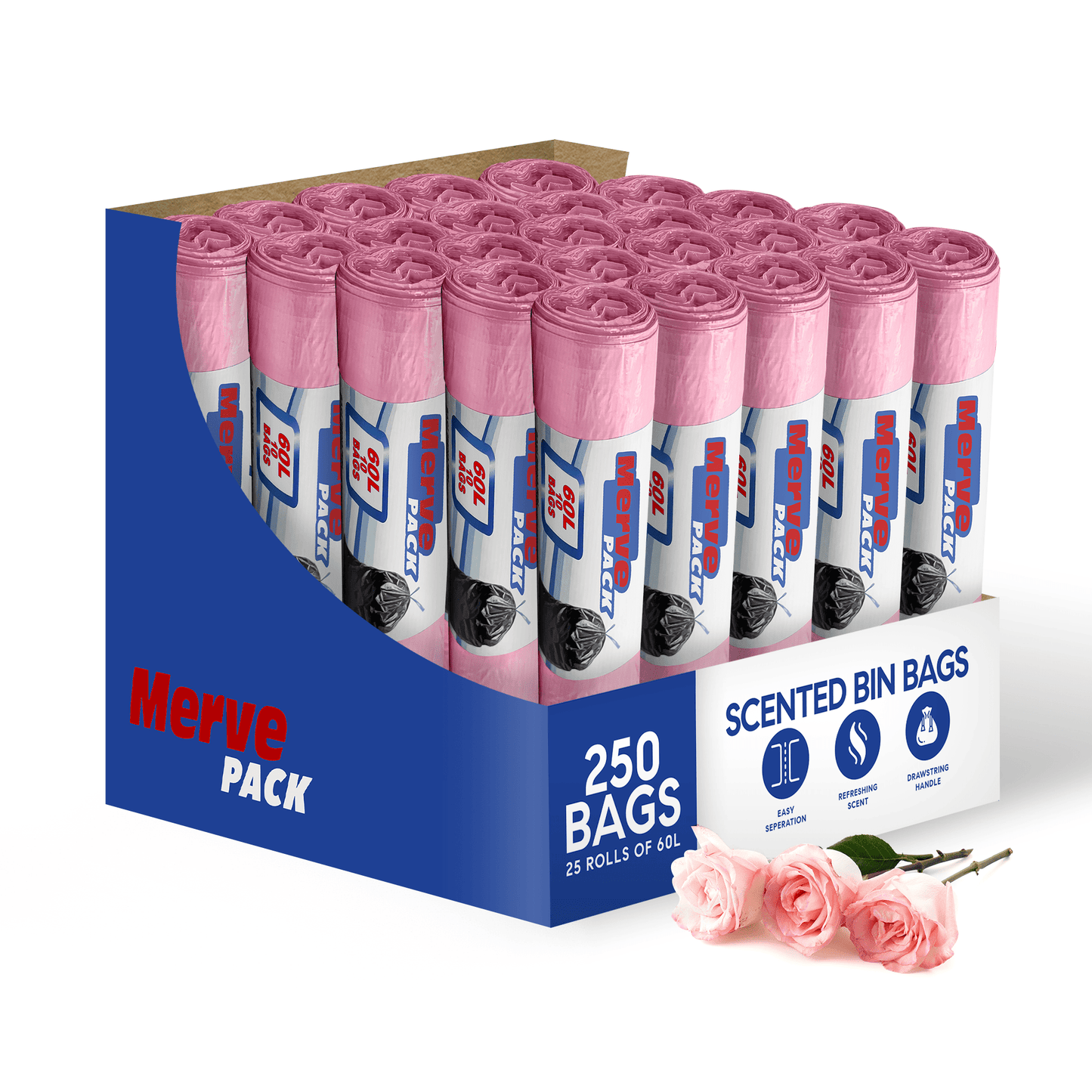 60L (250 Bags) - Rose Scented Bin Bags with Drawsting - YouKind