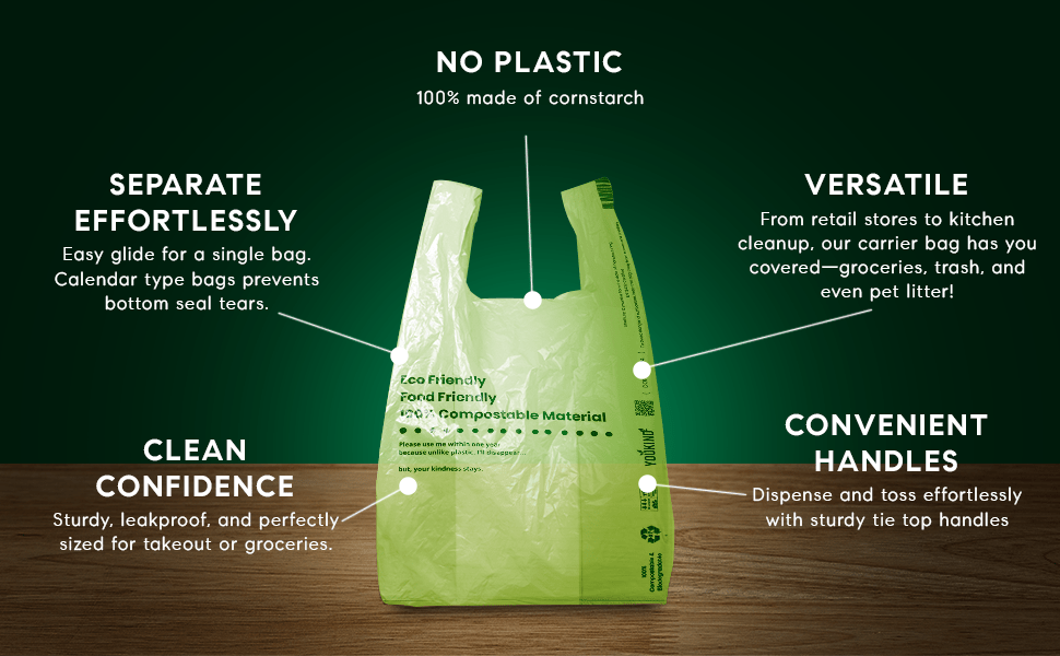 100% Compostable Carrier Bags with Handle - Versatile for Grocery, Food Take - aways, and Household Use - YouKind