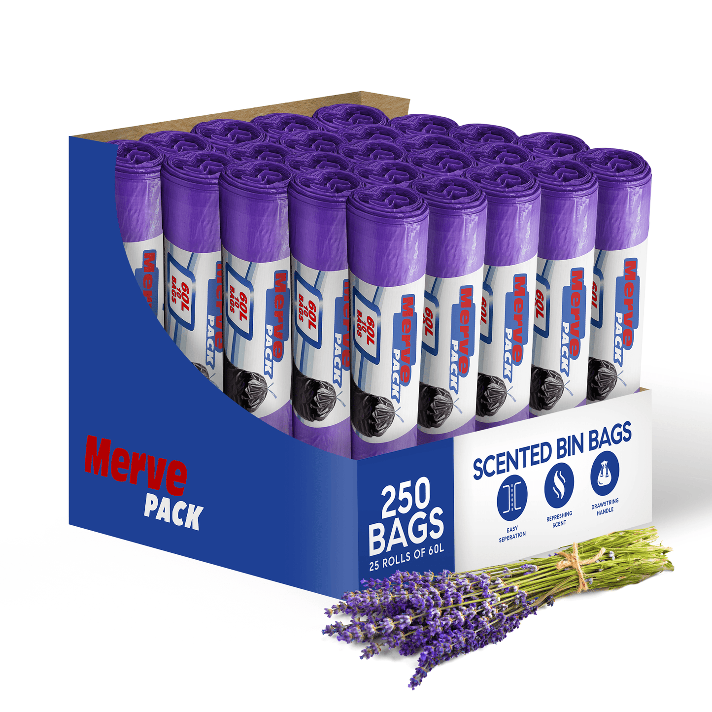60L (250 Bags) - Lavender Scented Bin Bags with Drawsting - YouKind