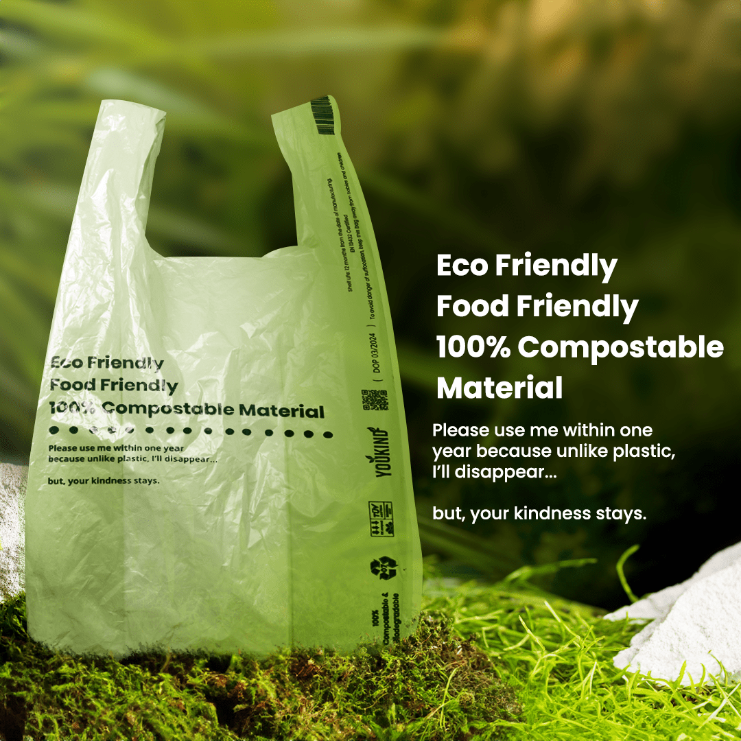 100% Compostable Carrier Bags with Handle - Versatile for Grocery, Food Take - aways, and Household Use - YouKind
