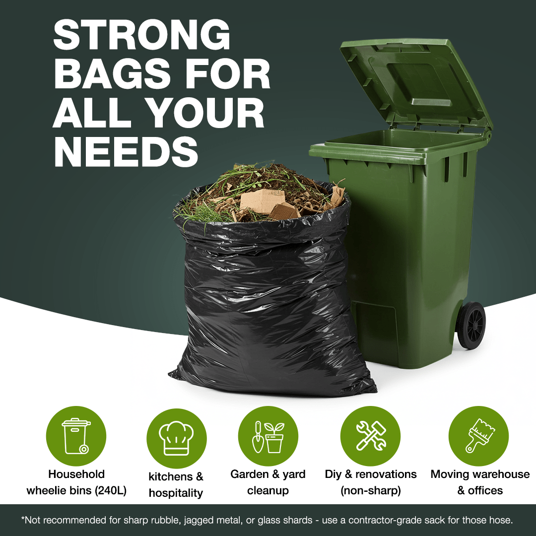 240L Heavy Duty Bin Bags - Extra Strong Black Bin Bags Heavy Duty Refuse Sacks 90µm Double Layer (50 Bags) - YouKind
