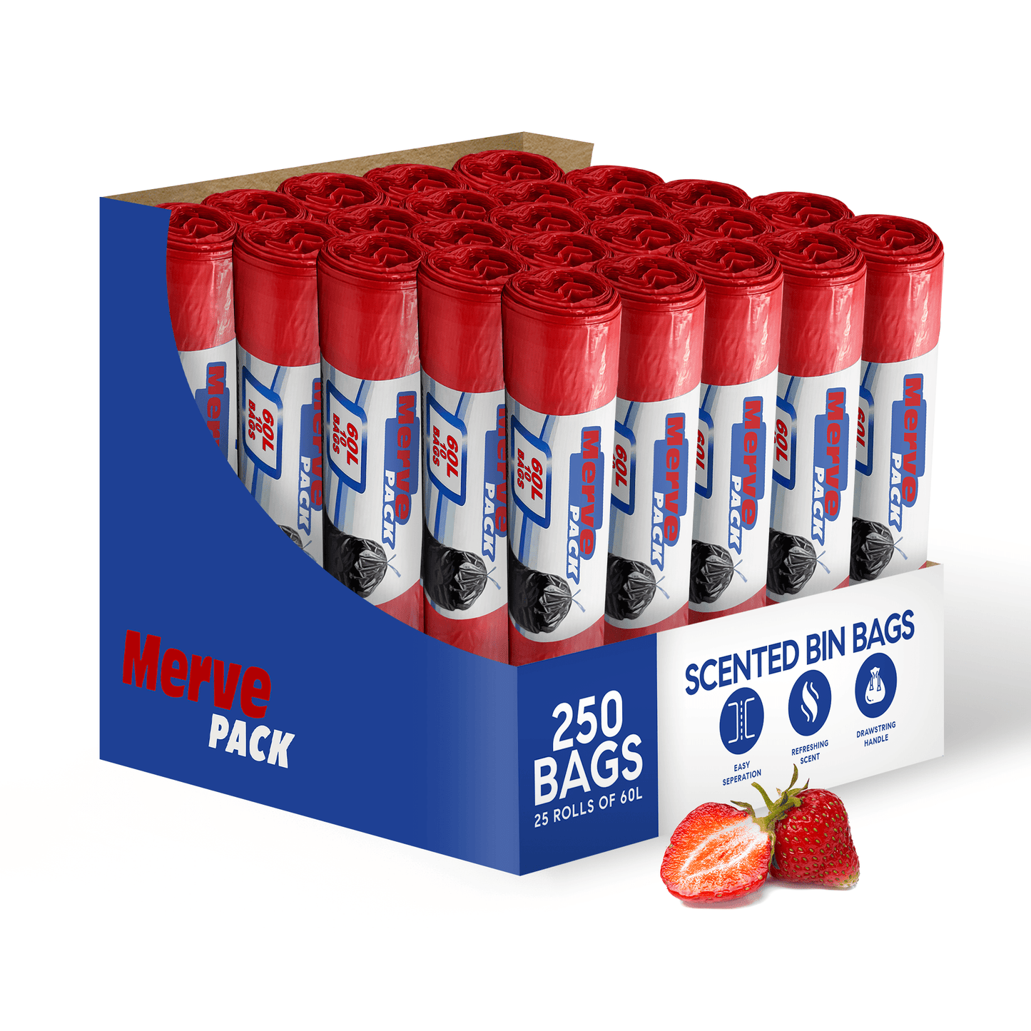 60L (250 Bags) - Strawberry Scented Bin Bags with Drawsting - YouKind