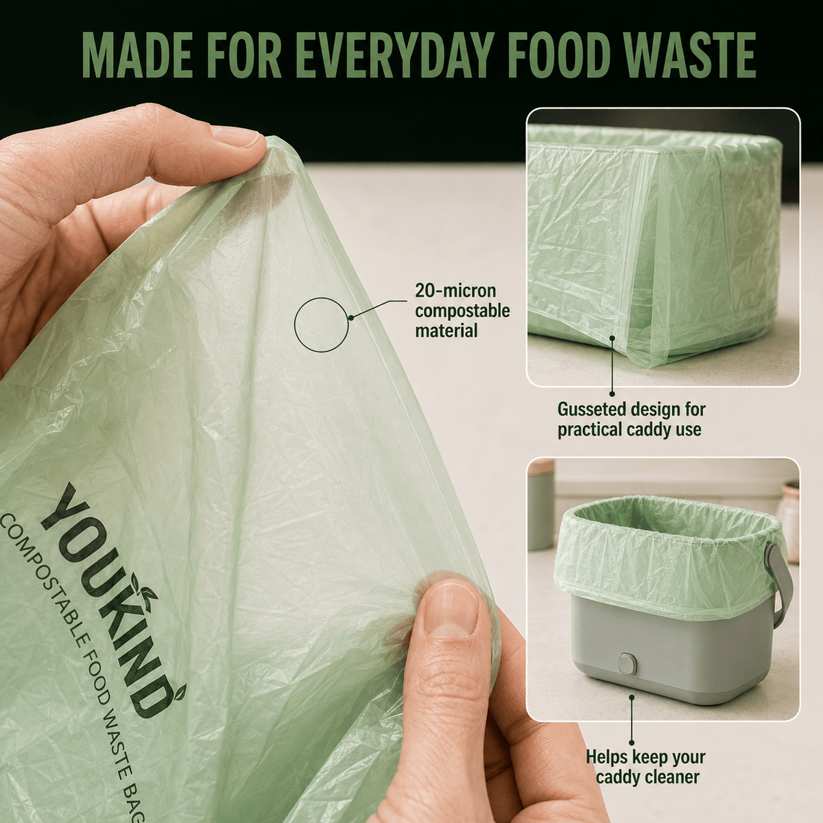 Compostable Food Waste Bags, 40 Per Roll, Kitchen Caddy Liners - YouKind