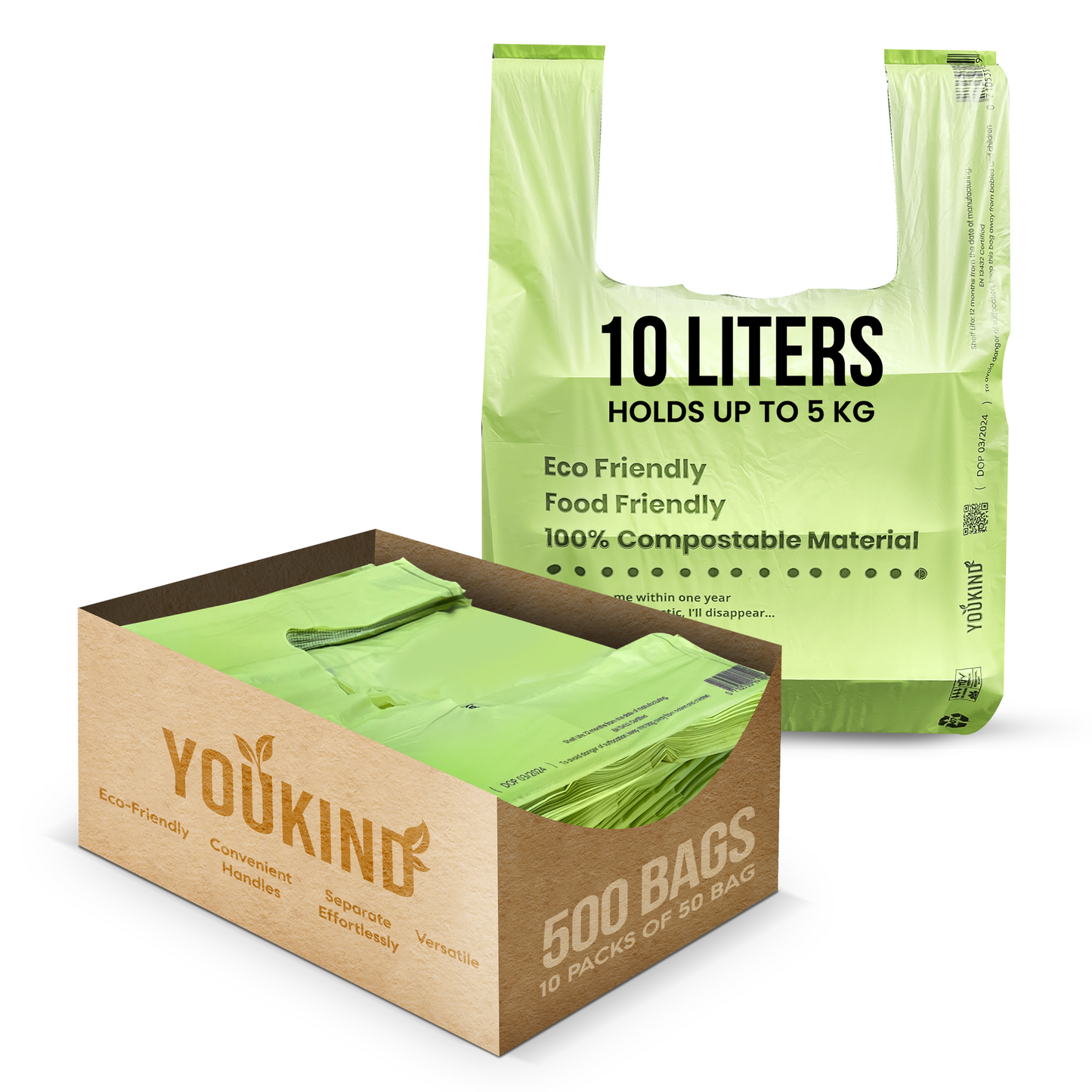 10L Compostable and Biodegradable Bin Bags with Handles 100% No Plastic – Ideal for Grocery, Kitchen, and Household Use