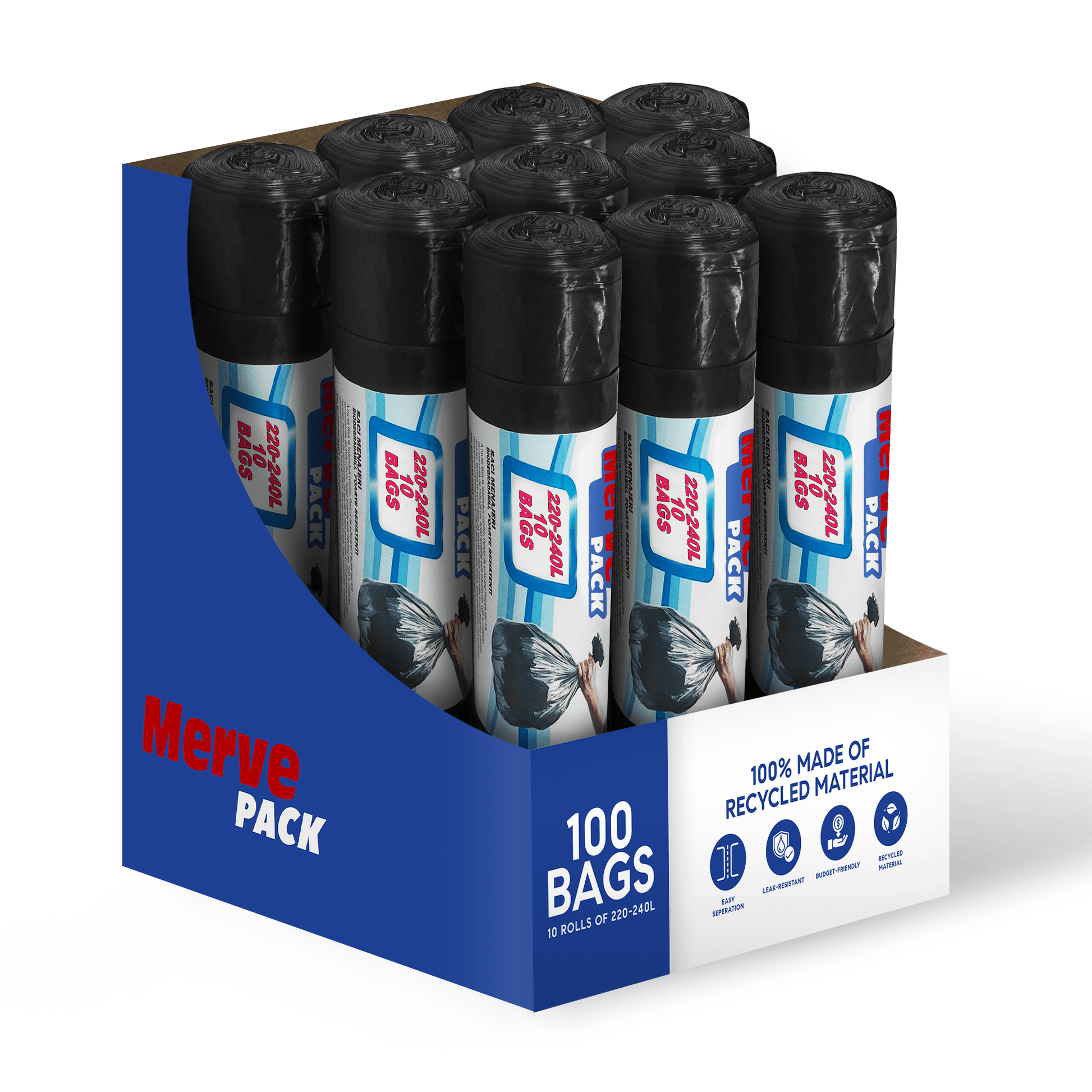 200L - 240L (100 Bags) - Black Bin Bags - 100% Made of Recycled Material - YouKind