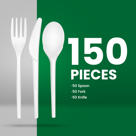 150pcs 100% Compostable Cutlery Set, Bulk Set Disposable Cutlery ideal for Parties, Picnics, and Weddings, All Natural and Sturdy Spoons,Forks and Knives