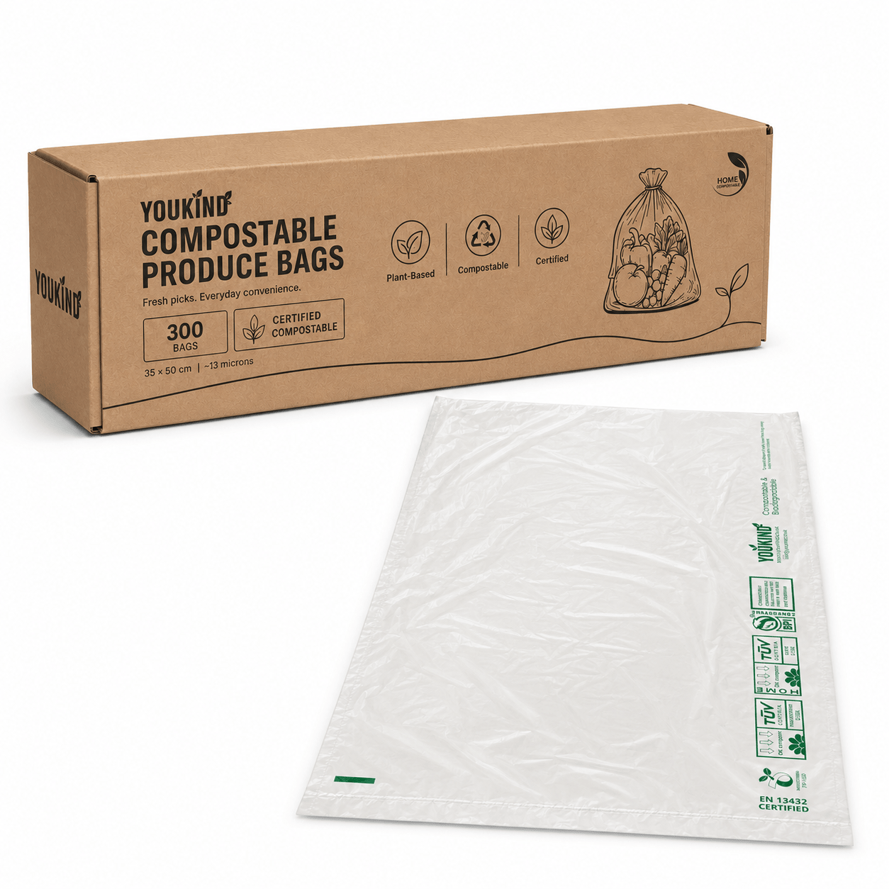 Compostable Produce Bags, 300 Per Roll, Fruit & Veg - YouKind