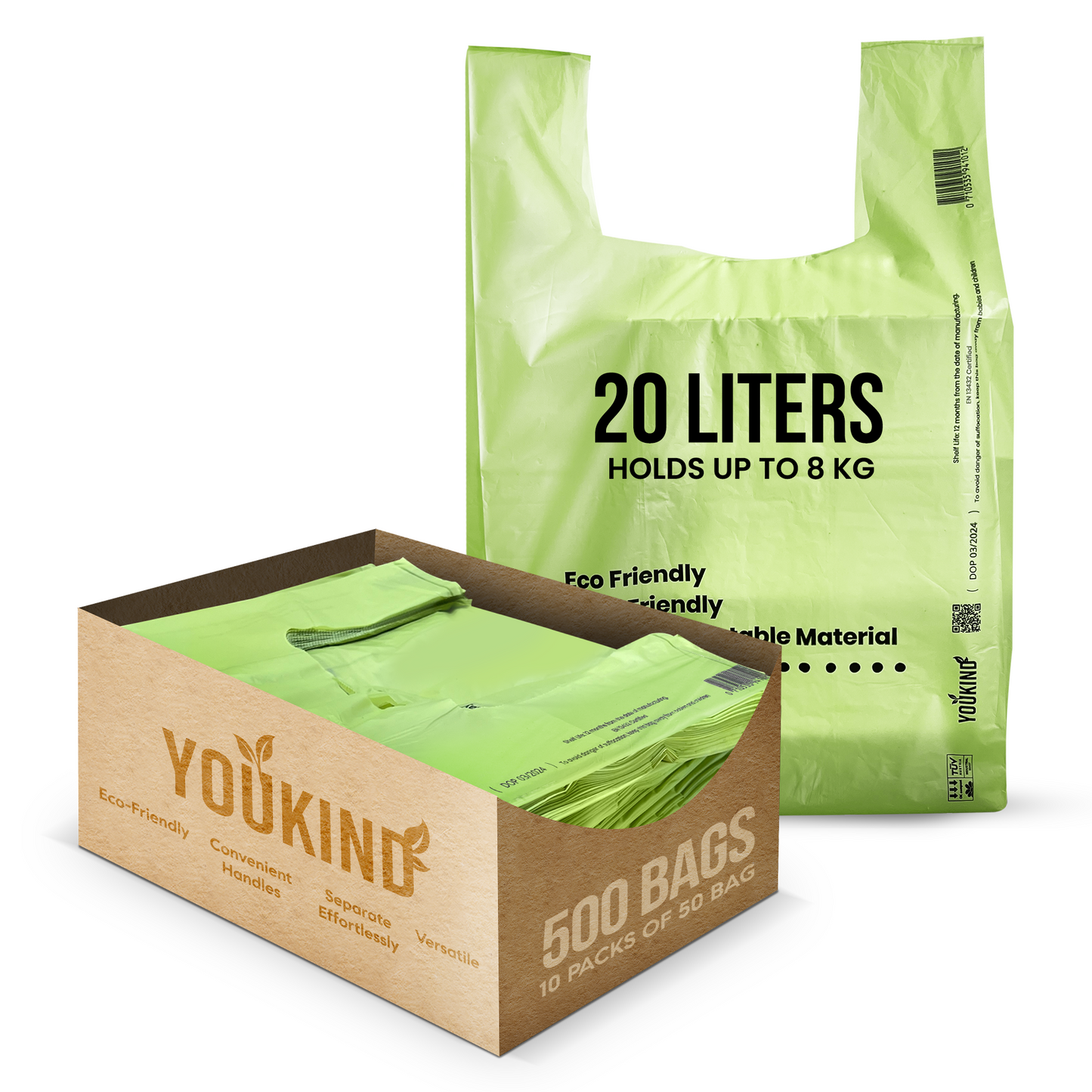 20L Compostable Carrier Bags with Handles – Large, Strong, and Versatile for Grocery, Food Waste, and Household Use