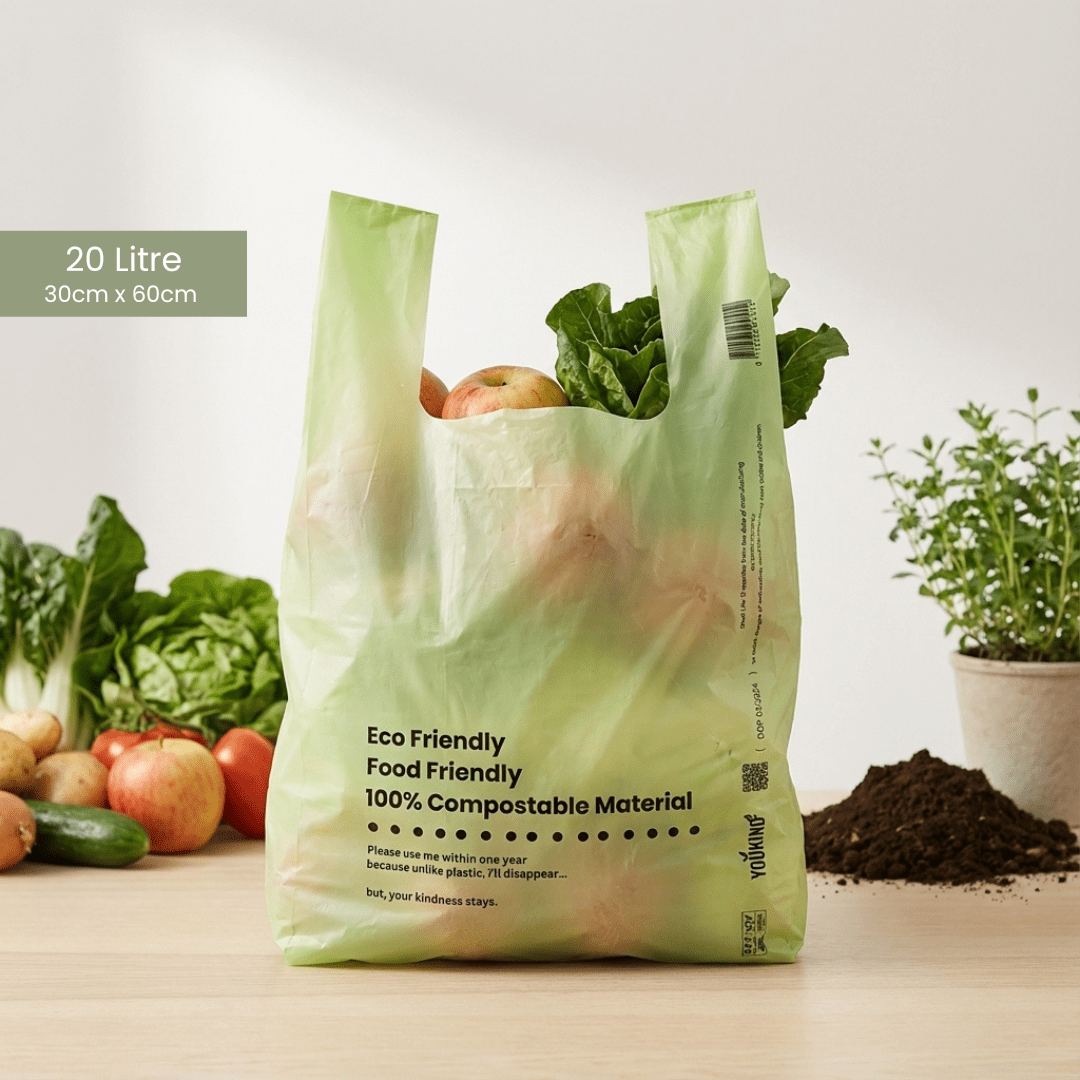 50 YouKind 20L Compostable Carrier Bags with Handles – Large Takeaway, Grocery & Multipurpose Bags - YouKind