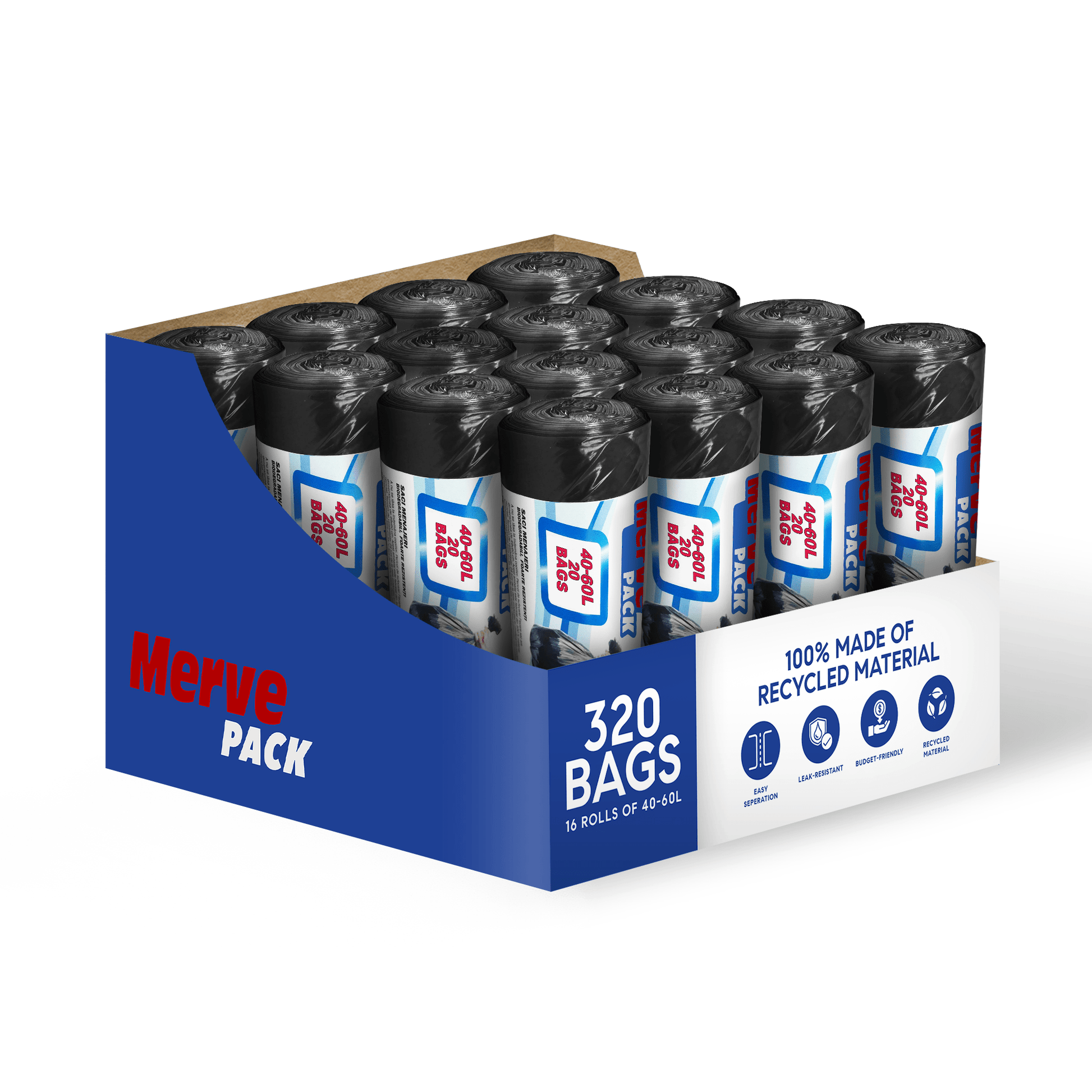40L - 60L (320 Bags) - Black Bin Bags - 100% Made of Recycled Material - YouKind