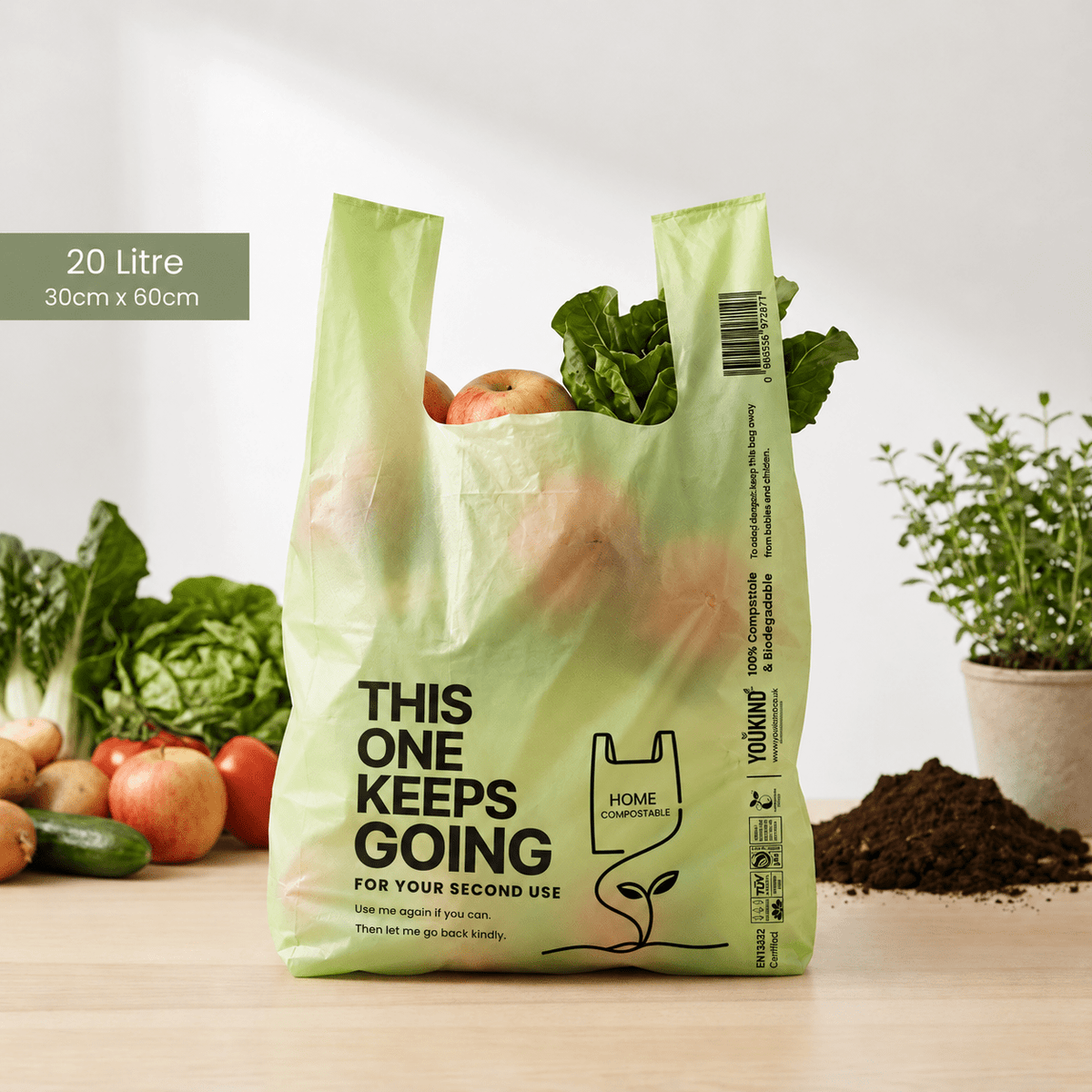 50 YouKind 20L Compostable Carrier Bags with Handles – Large Takeaway, Grocery & Multipurpose Bags - YouKind