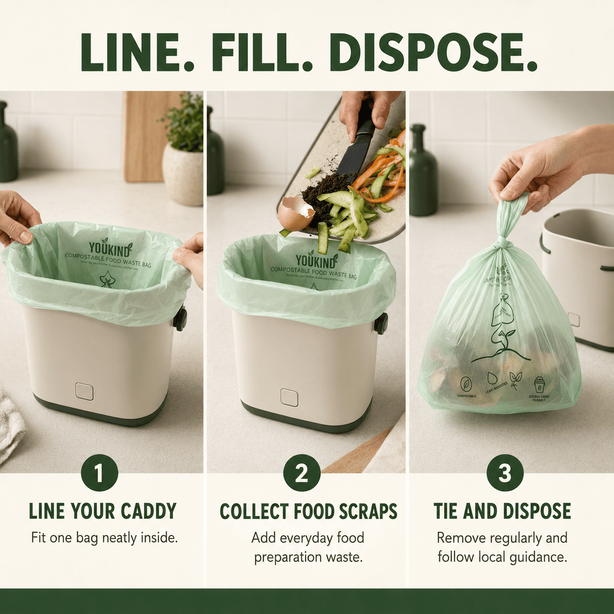 Compostable Food Waste Bags, 40 Per Roll, Kitchen Caddy Liners - YouKind