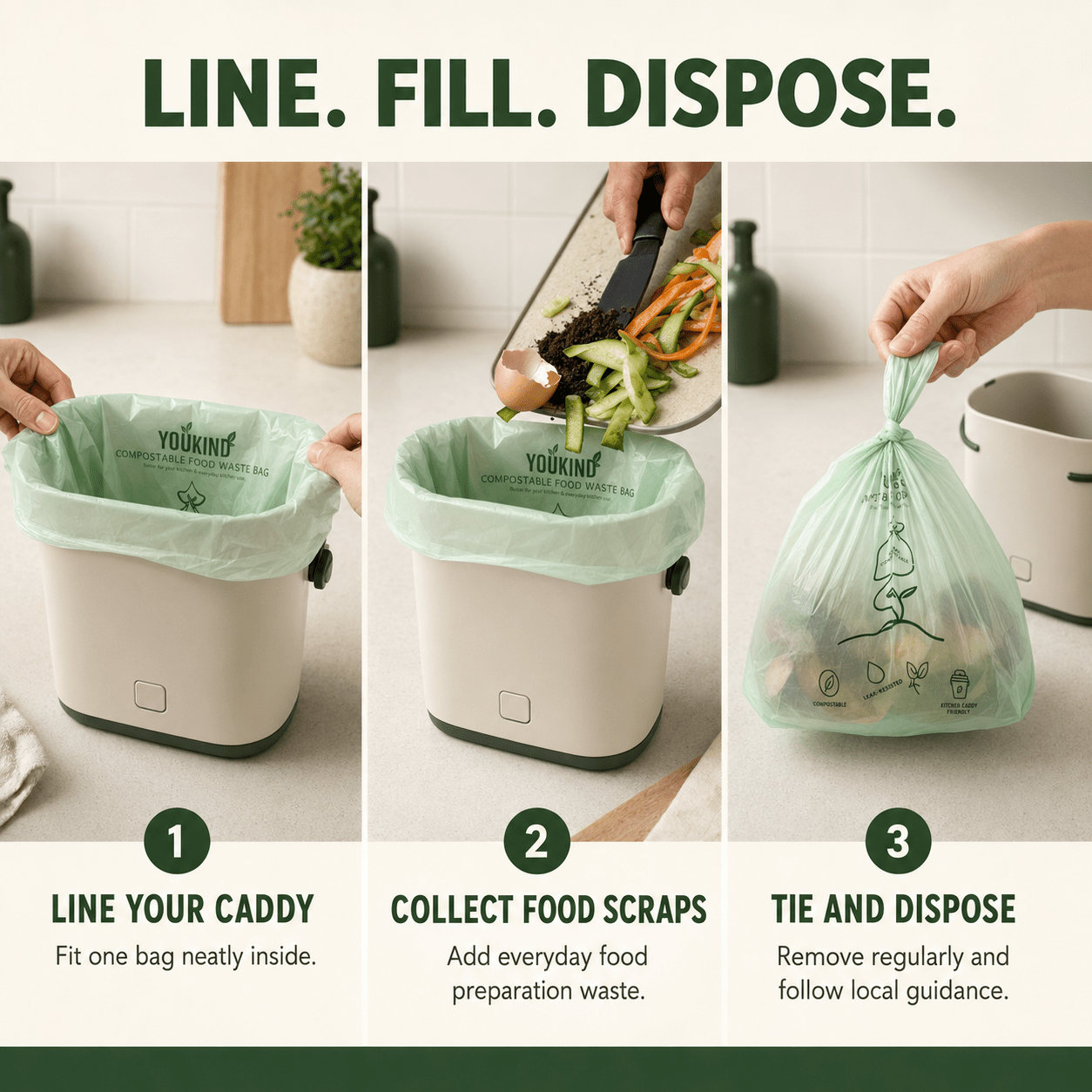 Compostable Food Waste Bags, 40 Per Roll, Kitchen Caddy Liners - YouKind