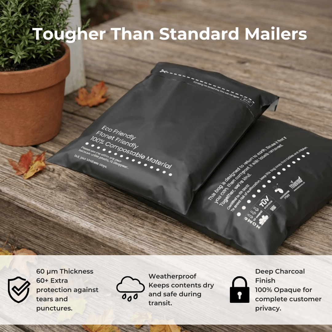 Two black eco-friendly mailers on a wooden surface with text highlighting their features.