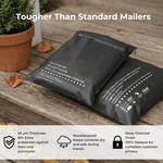 Two black eco-friendly mailers on a wooden surface with text highlighting their features.