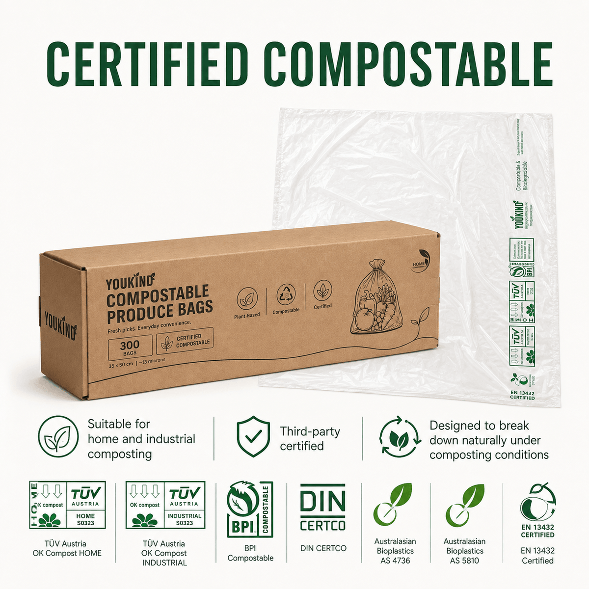 Compostable Produce Bags, 300 Per Roll, Fruit & Veg - YouKind