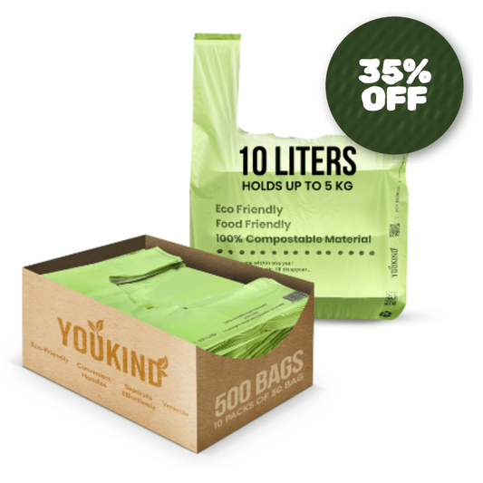 Medium 10 Liter (500 Bags) - 100% Compostable Carrier Bags with Handle - Versatile for Grocery, Food Take - aways, and Household Use - YouKind