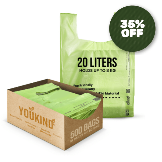 Large 20 Liter (500 Bags) - 100% Compostable Carrier Bags with Handle - Versatile for Grocery, Food Take - aways, and Household Use - YouKind