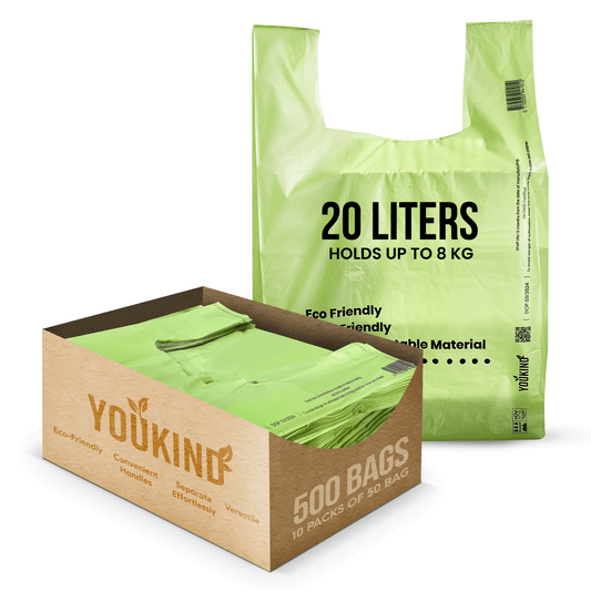 Large 20 Liter (500 Bags) - 100% Compostable Carrier Bags with Handle - Versatile for Grocery, Food Take - aways, and Household Use - YouKind