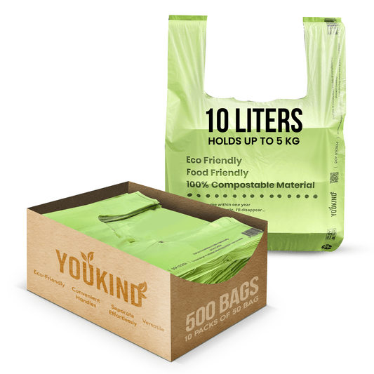 100% Compostable Carrier Bags with Handle - Versatile for Grocery, Food Take - aways, and Household Use - YouKind