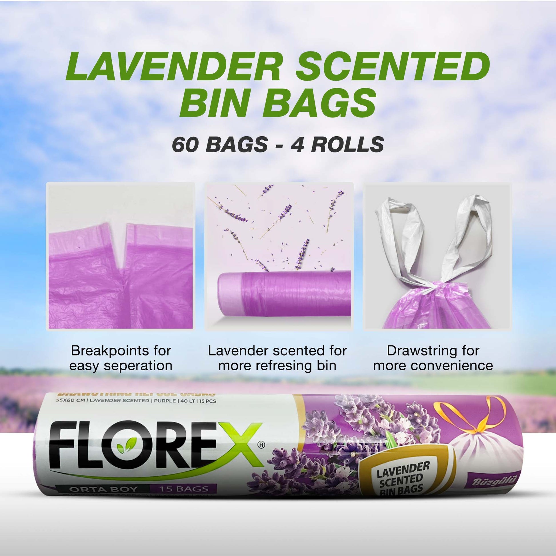 40L Bin Bags - 345 Counts Lavender Scented Bin Liners with Drawstrings - YouKind