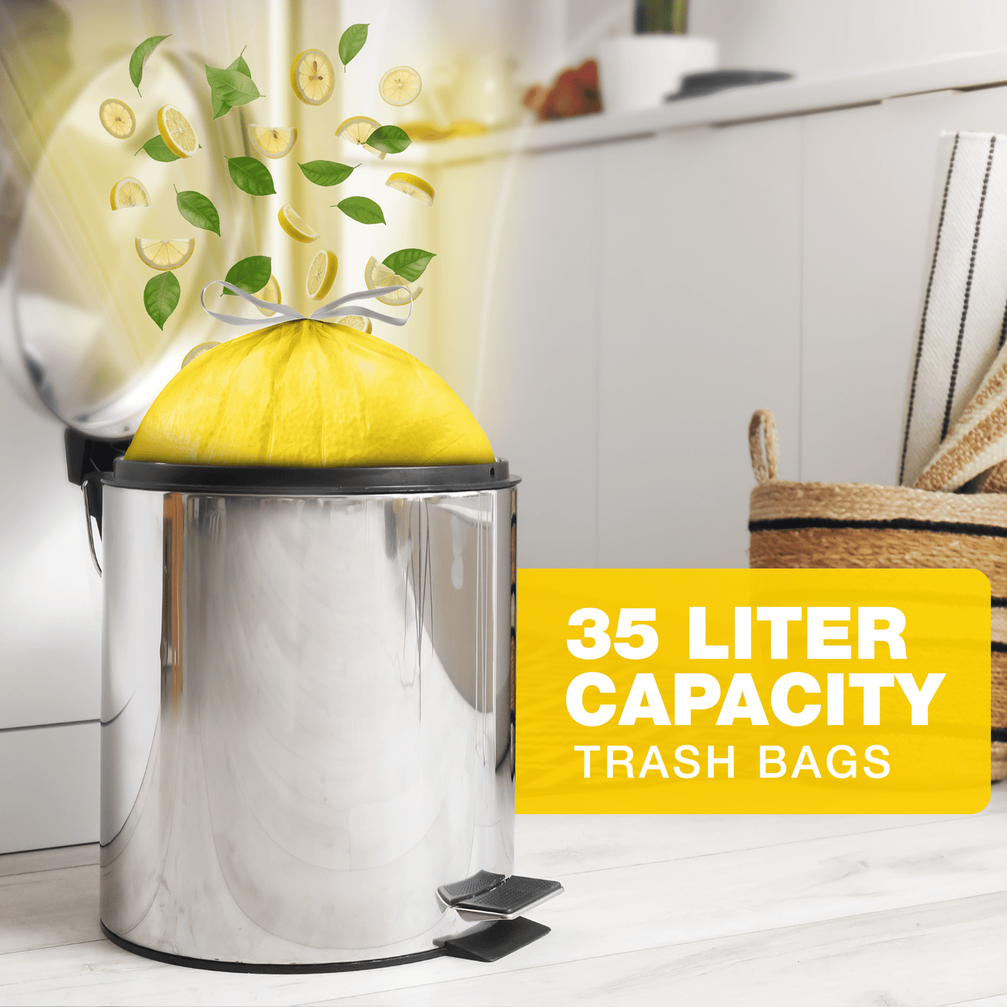 Lemon Fresh Bin Bags with Drawstring | 35L (15 Bags per Roll) Strong & Scented for Everyday Use - YouKind