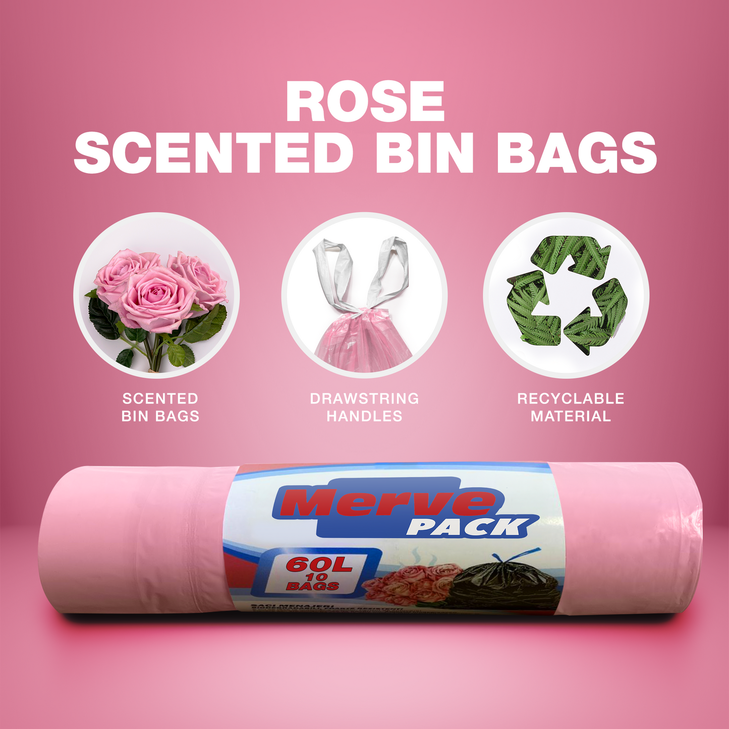 Drawstring Bin Bags - 60L Rose Scented Bin Bags