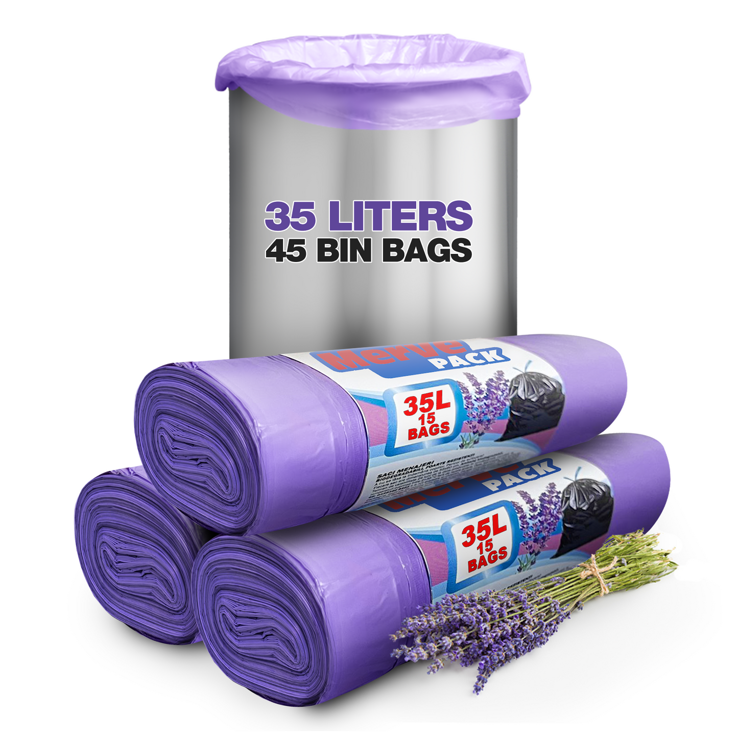 Merve Pack 35L Lavender Scented Bin Bags with Drawstrings – Fresh and Reliable Bin Liners for Kitchen, Bathroom, and Outdoor Use