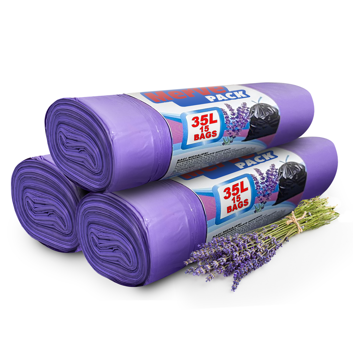 Merve Pack 35L Lavender Scented Bin Bags with Drawstrings – Fresh and Reliable Bin Liners for Kitchen, Bathroom, and Outdoor Use