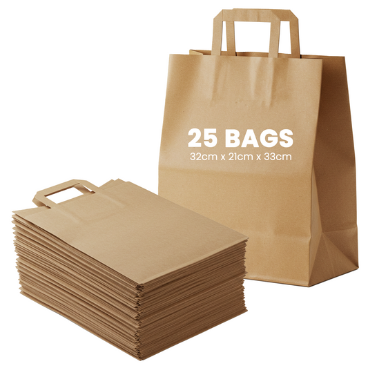 25 Bags of Large Kraft Paper Bags with Handle - Supports Heavy Items Ideal for Restaurants, Coffee Shops, Boutique and Special Occasions