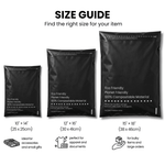 Size guide for eco-friendly black mailers with dimensions and uses.