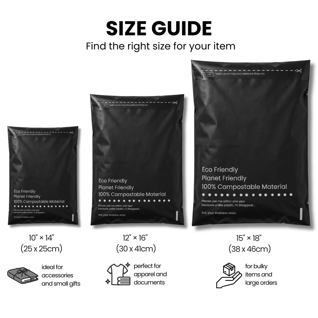 Size guide for eco-friendly black mailers with dimensions and uses.