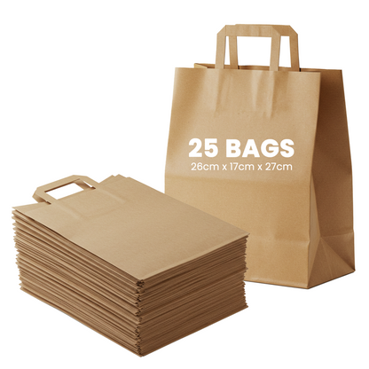 25 Bags of Medium Kraft Paper Bags with Handle - Supports Heavy Items Ideal for Restaurants, Coffee Shops, Boutique and Special Occasions