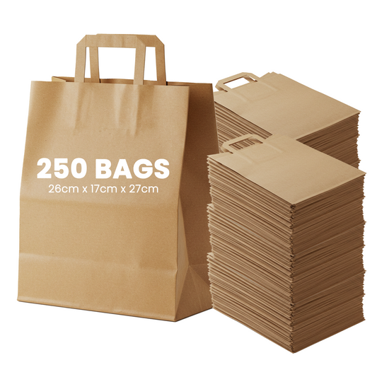 250 Bags of Medium Kraft Paper Bags with Handle - Supports Heavy Items Ideal for Restaurants, Coffee Shops, Boutique and Special Occasions