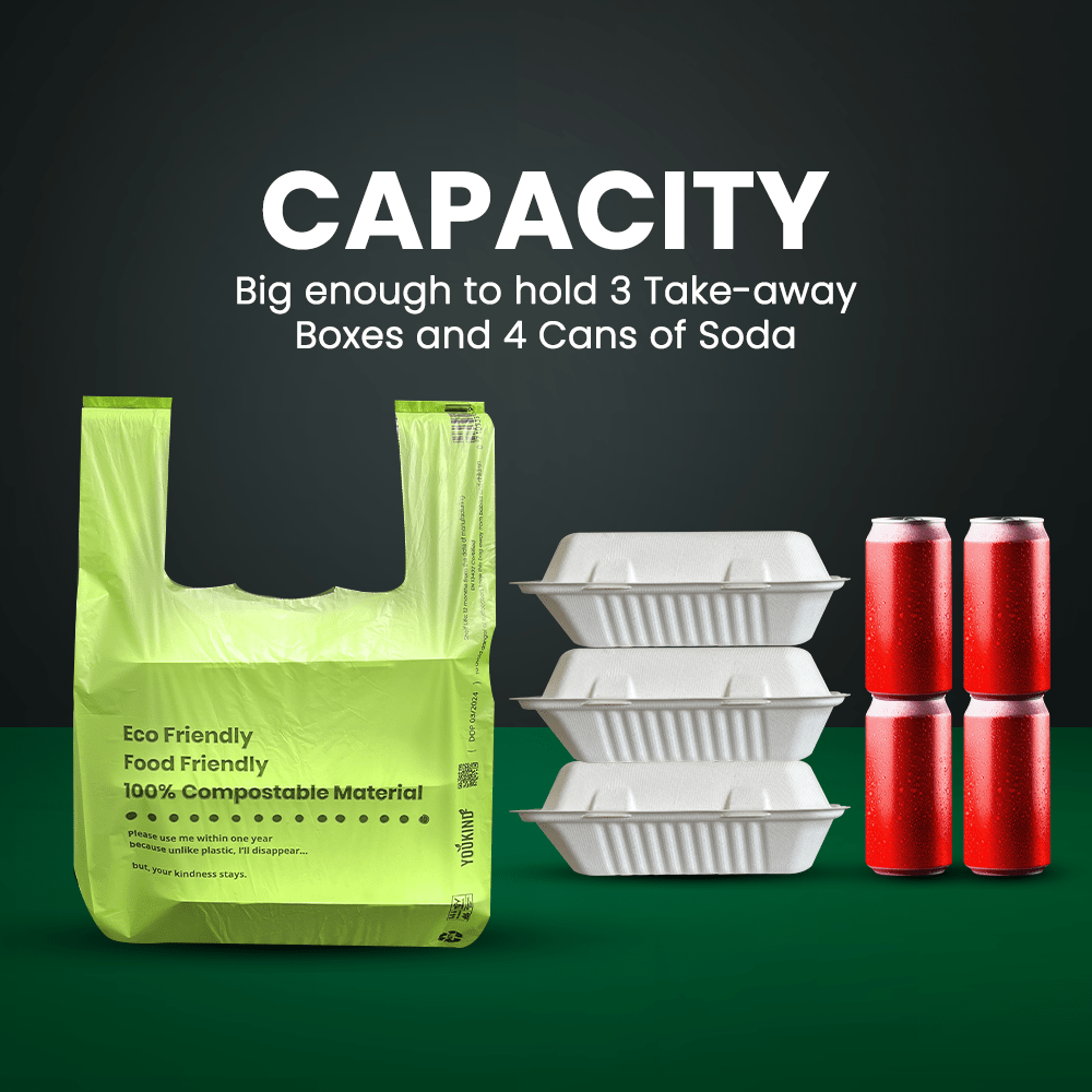 Medium 10 Liter (50 Bags per pack ) - 100% Compostable Carrier Bags with Handle - Versatile for Grocery, Food Take - aways, and Household Use - YouKind
