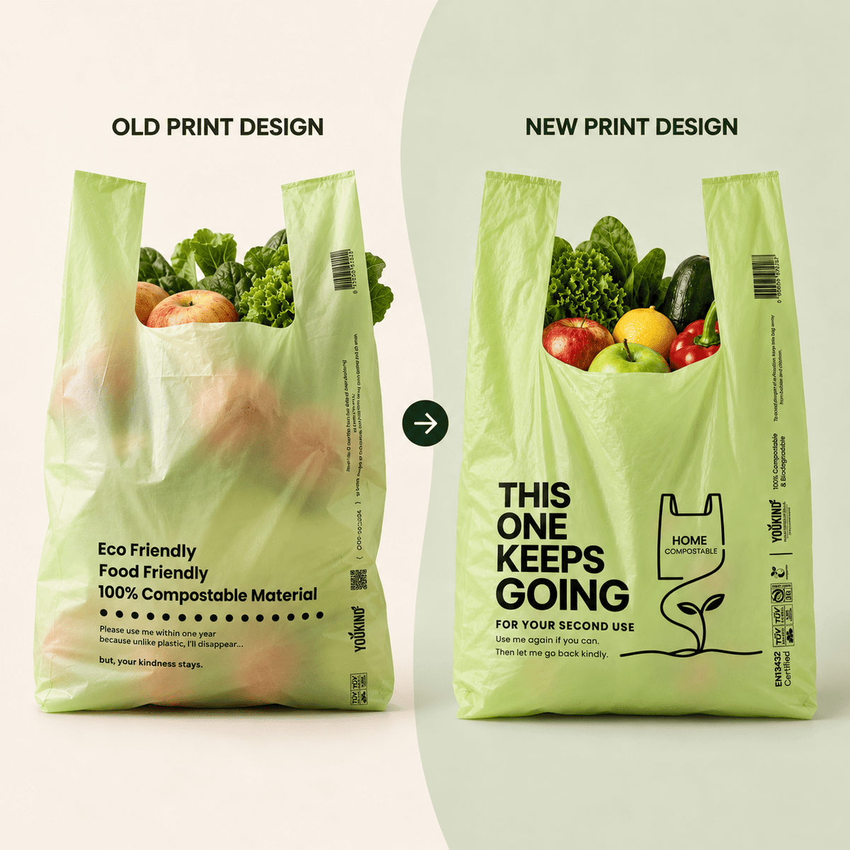 50 YouKind 20L Compostable Carrier Bags with Handles – Large Takeaway, Grocery & Multipurpose Bags - YouKind