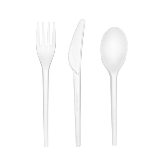 Bulk Compostable Cutlery SPOON, FORK and KNIFE Set - 100% Compostable and Biodegradable - 100 Items per Pack