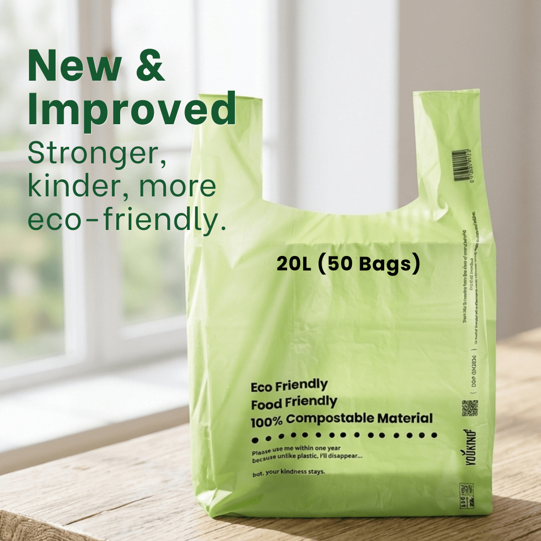 Large 20 Liter (50 Bags per pack) - 100% Compostable Carrier Bags with Handle - Versatile for Grocery, Food Take - aways, and Household Use - YouKind