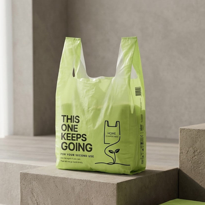 A bright lime green reusable plastic bag with black printed text and a plant icon stands on a concrete step, with a stack of matching bags placed nearby on the lower step.