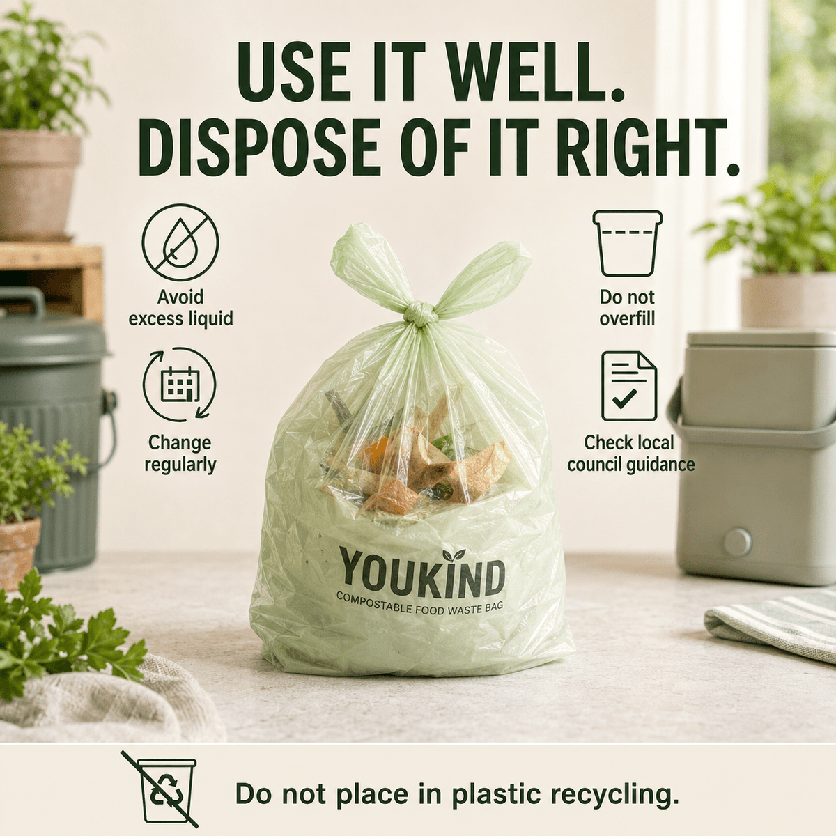 Compostable Food Waste Bags, 40 Per Roll, Kitchen Caddy Liners - YouKind