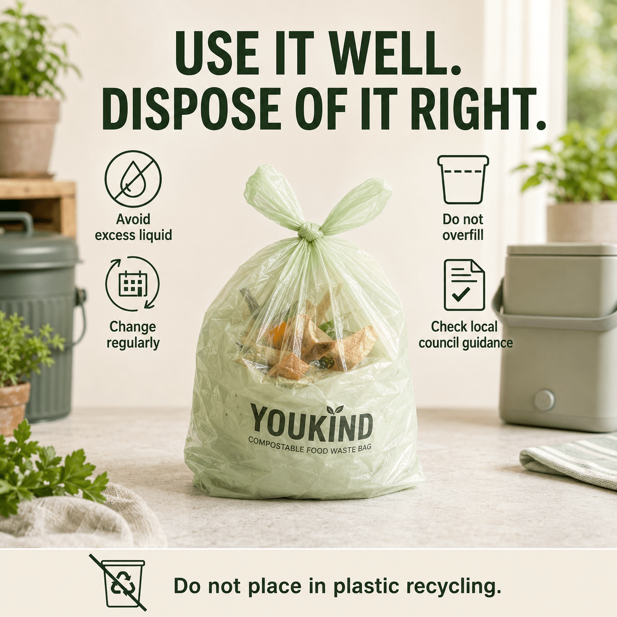 Compostable Food Waste Bags, 40 Per Roll, Kitchen Caddy Liners - YouKind