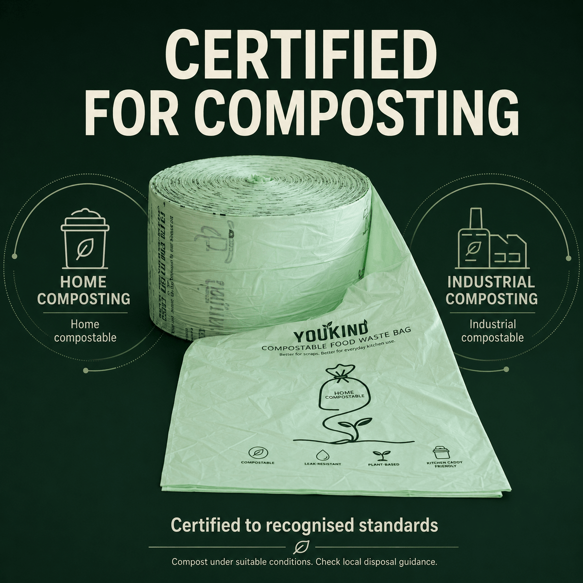 Compostable Food Waste Bags, 40 Per Roll, Kitchen Caddy Liners - YouKind