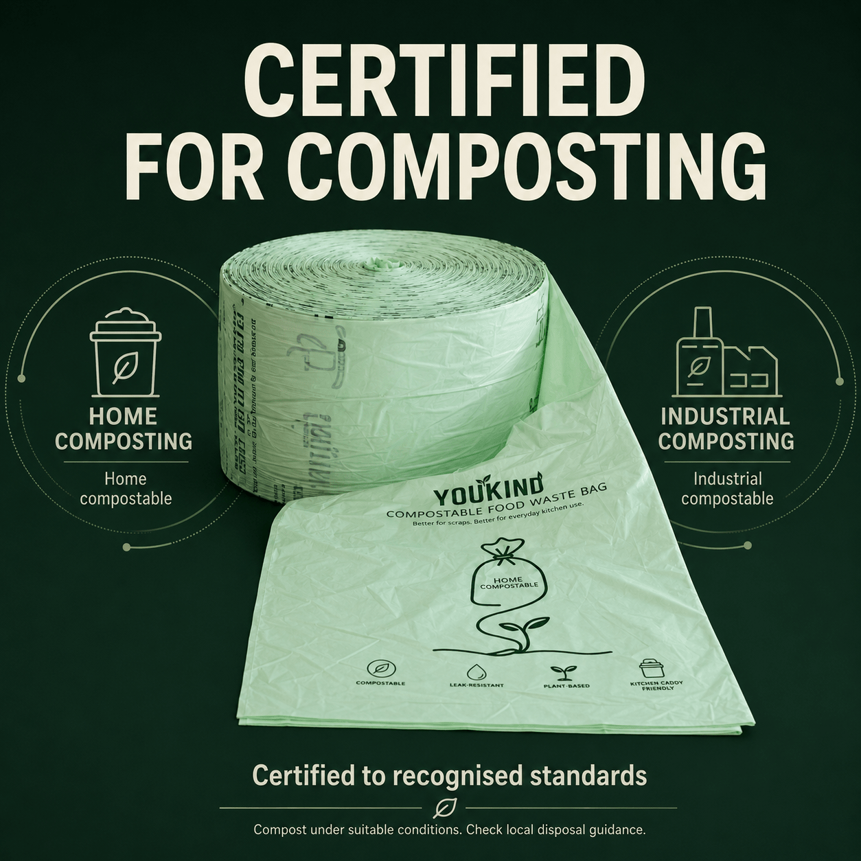 Compostable Food Waste Bags, 40 Per Roll, Kitchen Caddy Liners - YouKind