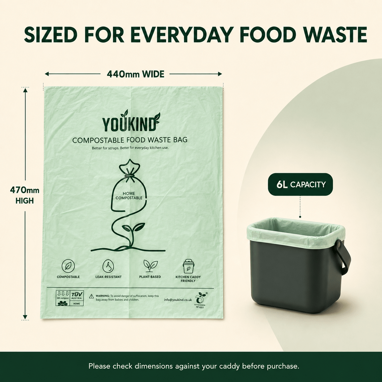 Compostable Food Waste Bags, 40 Per Roll, Kitchen Caddy Liners - YouKind